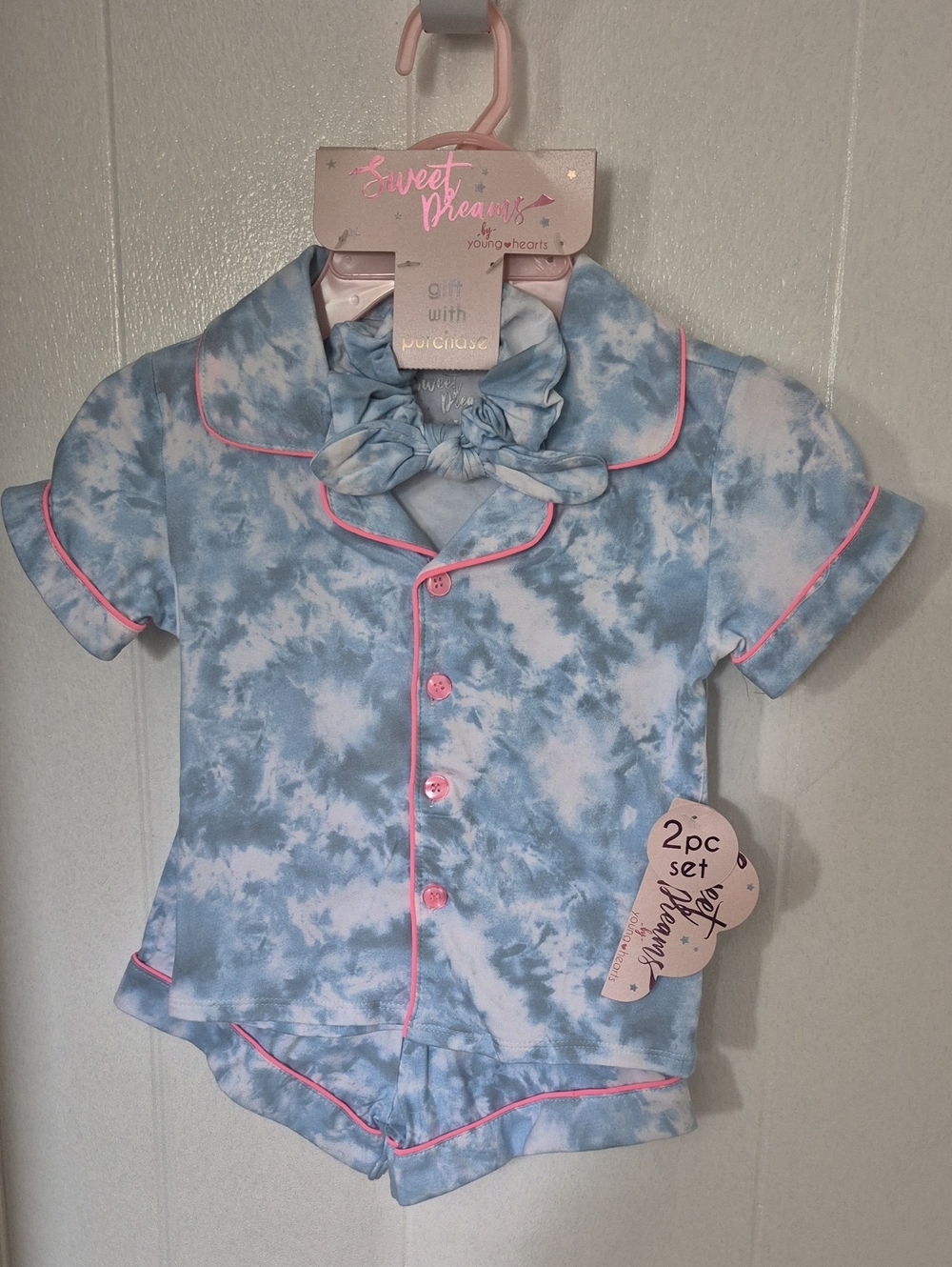 Sweet Dreams Kids Blue Tie-Dye Pajama Set with Pink Piping